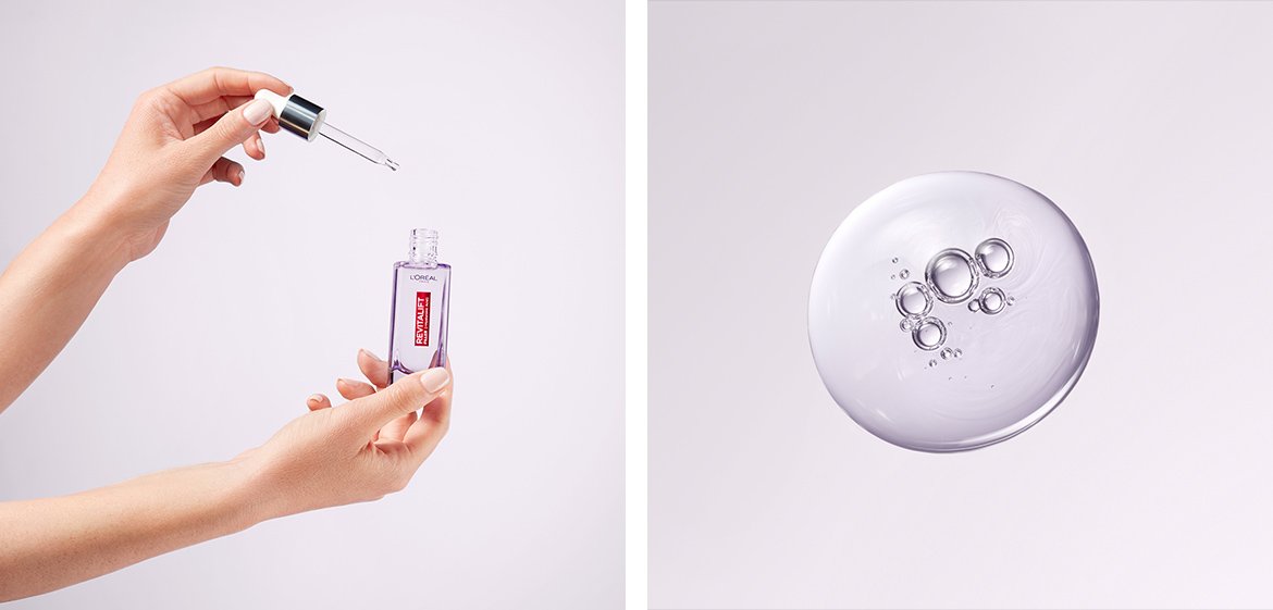 Fotocollage bestehend aus zwei Bildern mit Nahaufnahmen von dem L'Oréal Revitalift Serum